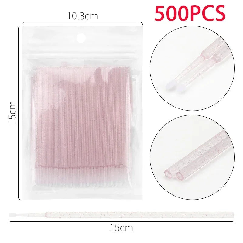 vvocci Disposable Microbrush Eyelash Extension Tools 500/1000pcs - Crystal Swab Lash Grafting & Removal Applicators Quake M94 500 crystal Pink