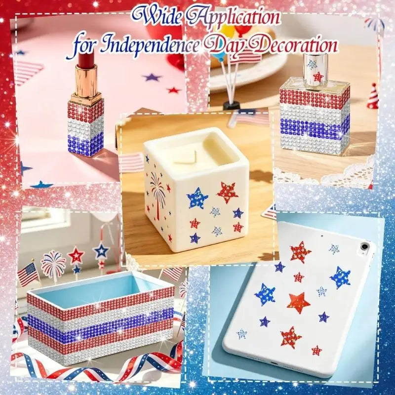 Red White Blue Adhesive Rhinestones Ribbon Set with 3 Rolls and 2 Star Sheets for Celebration Crafts, Gift Wrap, Cards and K1KF Quake