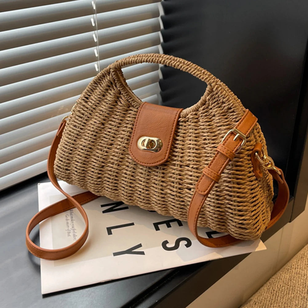 Women Hand-Woven Bag Summer Woven Shell Female Tote Bag Handmade Fashion Holiday Casual Simple Elegant Lady Straw Bag Quake Khaki