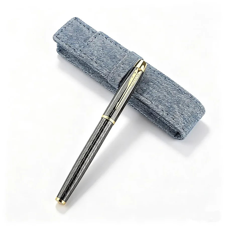 Luxury Engraved Metal Gold Nib Signature Pen With Denim Fabric Pen Case Business Office Writing Gift Fountain Pen Quake