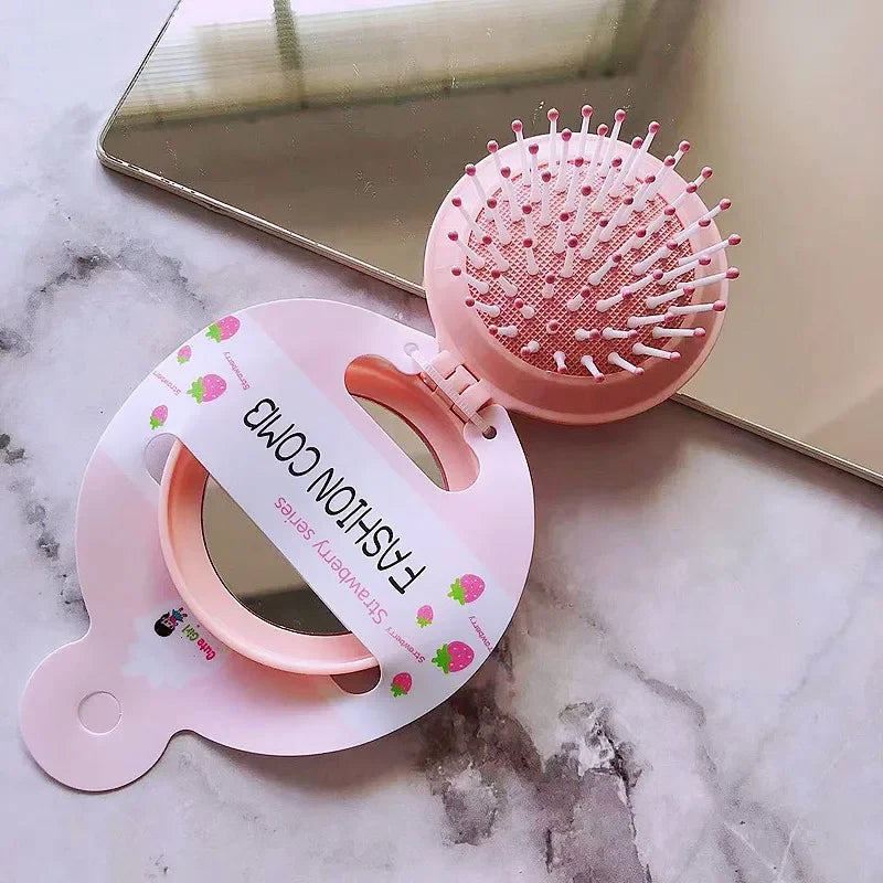 New Candy Color Folding Comb with Mirror Small Portable Travel Anti-static Folding Air Cushion Massage Combs Hair Care Brushes Quake Pink
