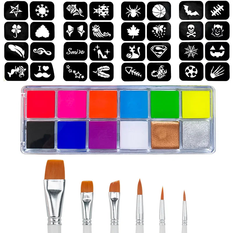 Blacklight UV Glow Paint 12 Colors Fluorescent Neon Oil Face Body Paint Palette Loose Powder Party Cosplay Makeup Cosmetics Quake 3pcs-6brush