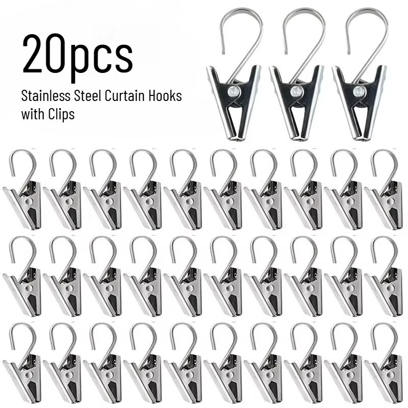 Stainless Steel Curtain Hooks with Clips, 20pcs Sturdy Window Curtain Clips for Home Decor, Durable Metal Hook Accessories Quake M470 20PCS