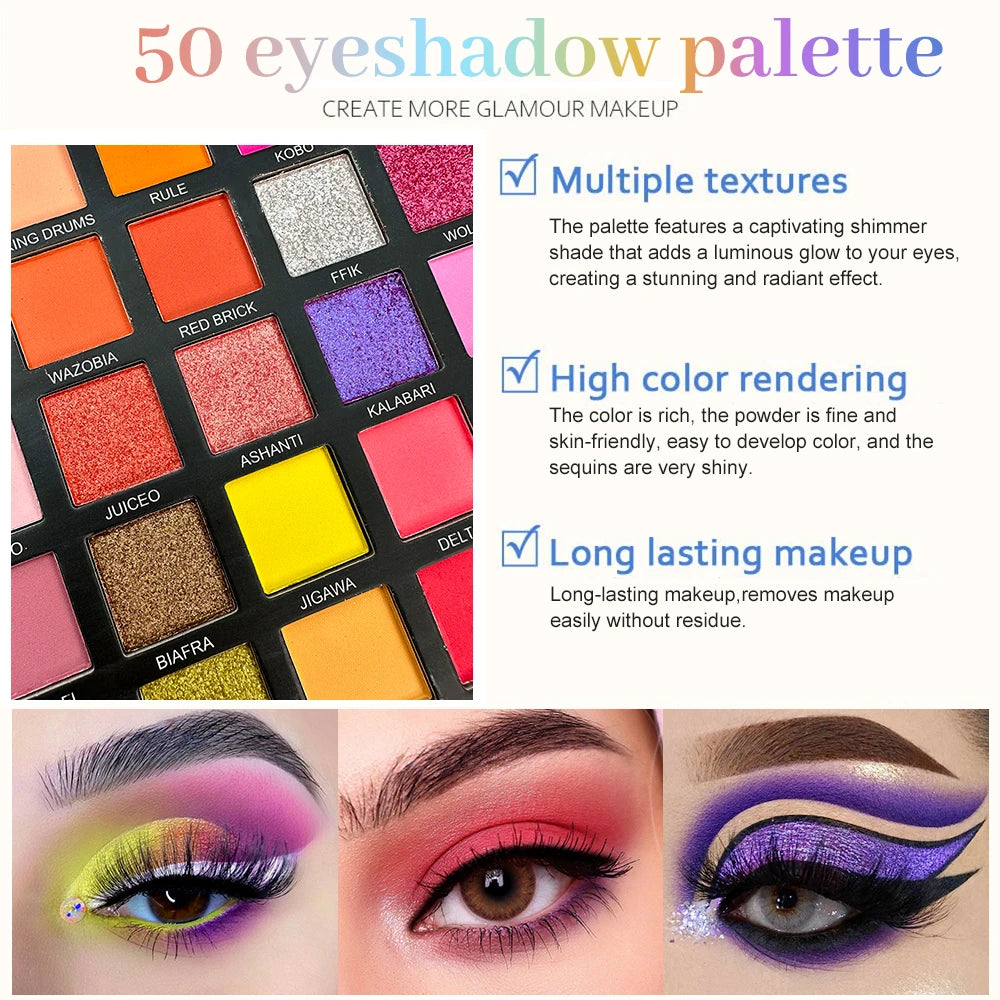 50Color Eye Shadow Palette Matte Shimmer Makeup Plate Highly Colored Color Powder Durable Waterproof Eye Shadow Makeup Cosmetics Quake