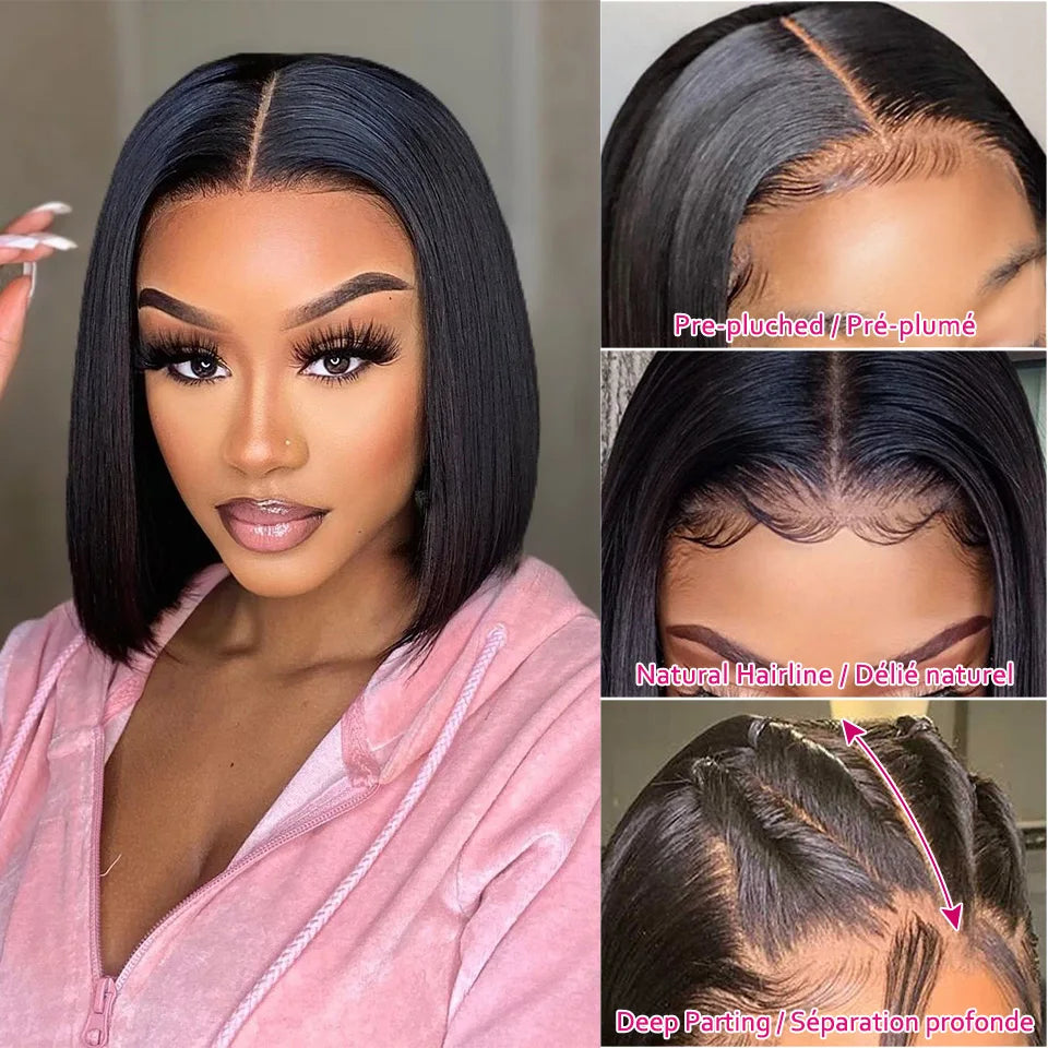 Short Bob Wig Transparent Lace Frontal Wigs Human Hair 100% Straight Bob Wigs Pre Plucked 13x4 Lace Front Wigs For Black Women Quake