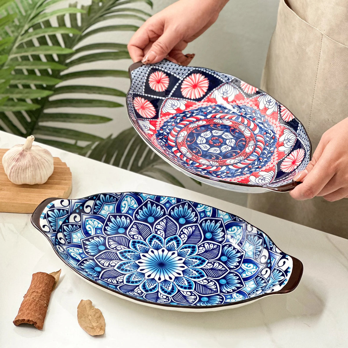 1-Piece 13-Inch Bohemian Double-Handle Ceramic Deep Plate-Ceramic Fish Steaming Plate-Perfect for Fish, Lobster & Seafood Quake