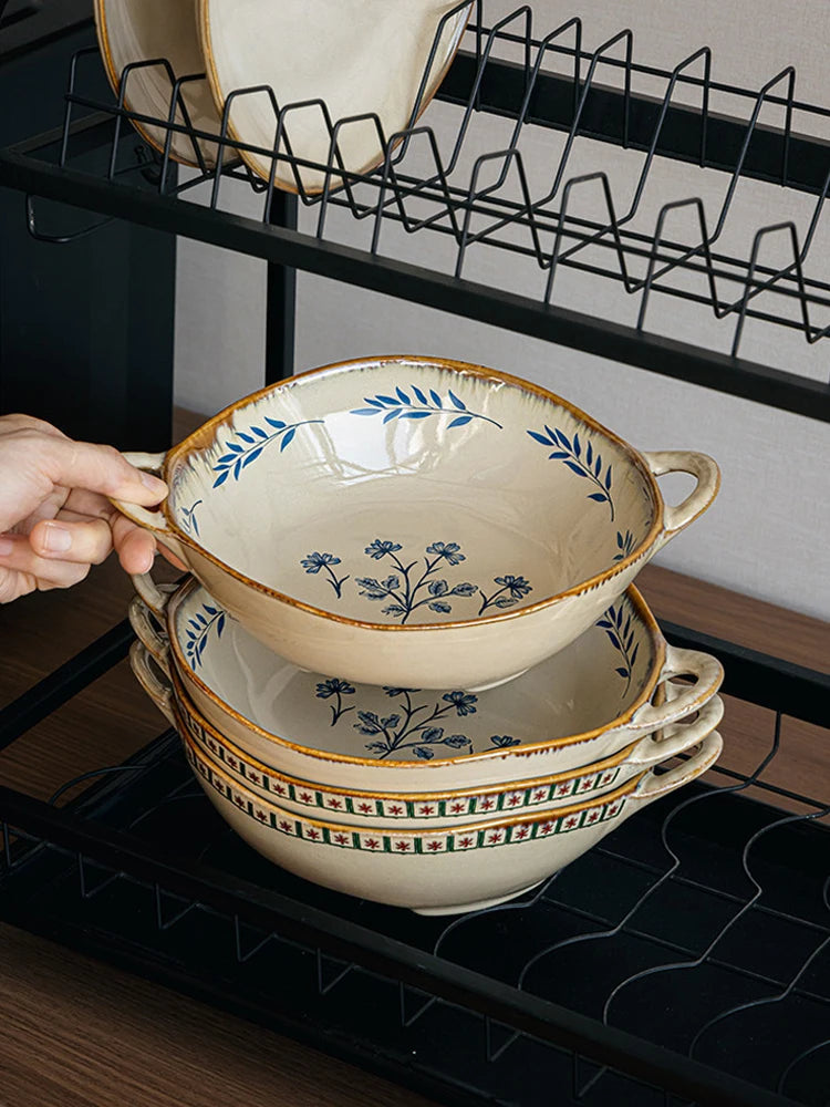 Vintage Floral Double Handle Ceramic Bowl Microwave Safe Salad Soup Bowl Porcelain Noodle Pasta Bowl Home Kitchen Tableware Quake