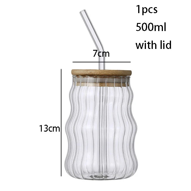 YWDL 1/2pcs 500ml Glass Tumblers Cups With Straw Mason Jar Clear Juice Coffee Milk Cup With Bamboo Lids Drinkware Quake 500ml stripe 1pcs