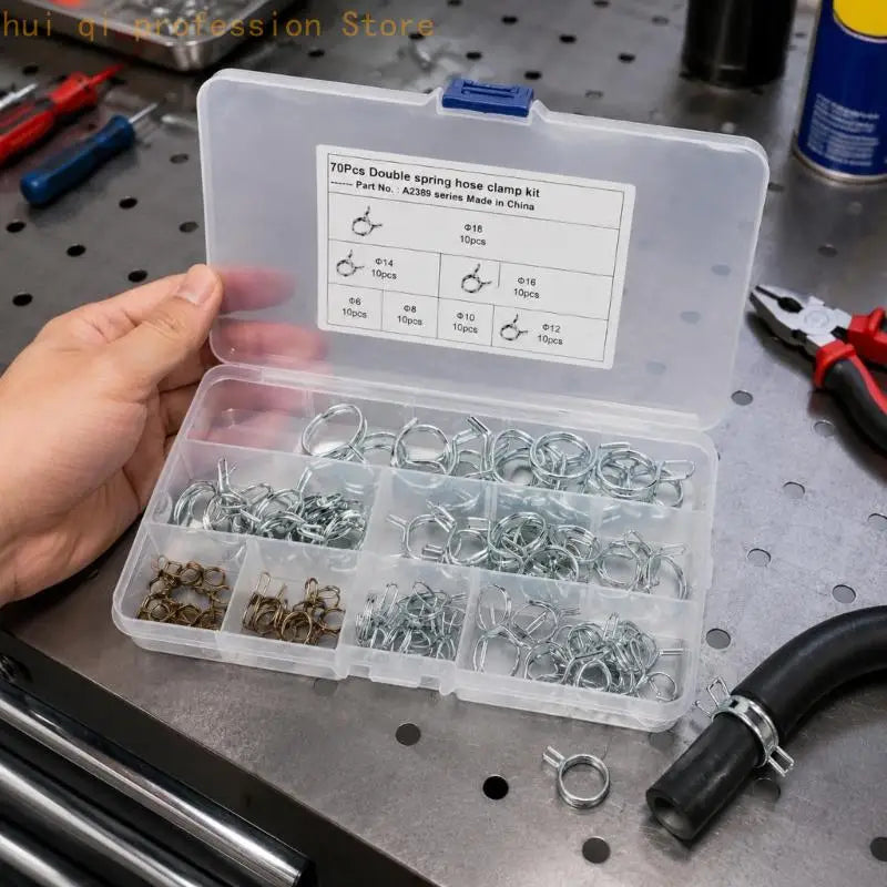 Spring Tube Clip Assortment, 70-Piece Set in a Clear Divided Snap-Closure Case for Fuel Line, Cooling System, and Rubber Hose Quake
