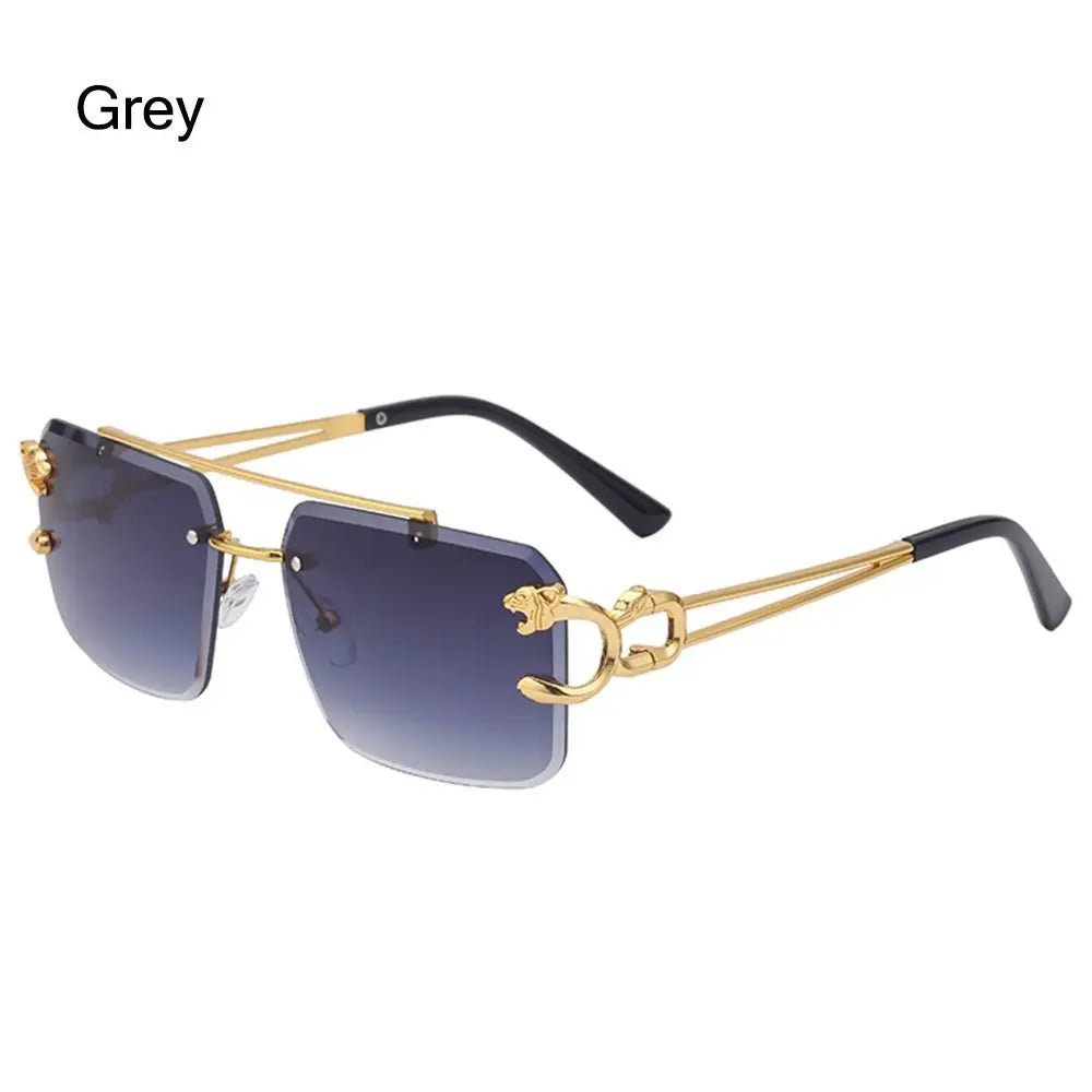 Fashion Retro Cheetah Decoration Sunglasses for Women Men Metal Steampunk Sun Glasses Summer UV400 Shades Trendy Rimless Eyewear Quake Grey