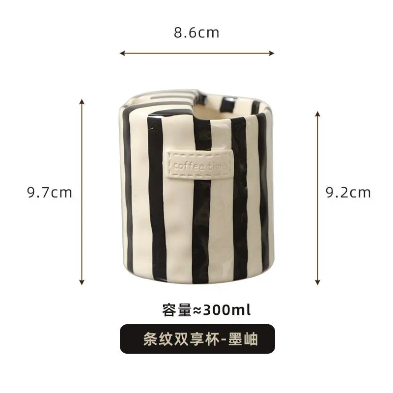 Modern Striped Ceramic Coffee Cup Hand Painted Simple Flower Tea Cup Home Breakfast Milk Mug Couple Mug Birthday Gift Home Decor Quake C 301-400ml