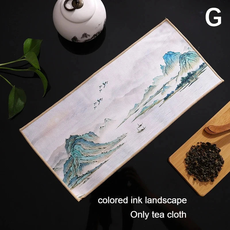 1pc Kung Fu Tea Towel with Ancient Style Thick and Absorbent Multifunctional High-end Painted Tea Cloth Quake G 30x16cm