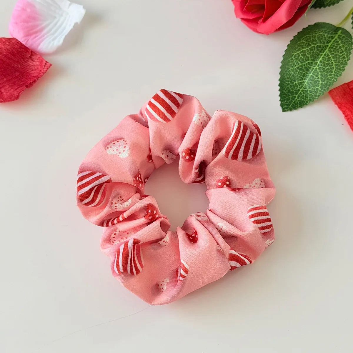 Valentine's Day Scrunchies Elastic Rubber Hairbands Candy Love Printed Fabric Hairbands High Elastic Ponytail Holder Accessories Quake Pink