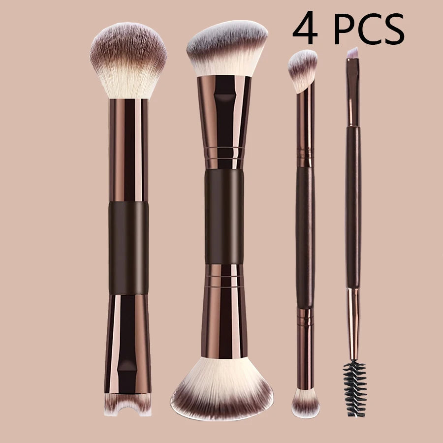 4 PCS Double-Ended Makeup Brush Set for Foundation, Powder, Eyeshadow, Blush , Nose Shadow, Eyeliner Brush, Eyelash Curler Quake 4 PCS