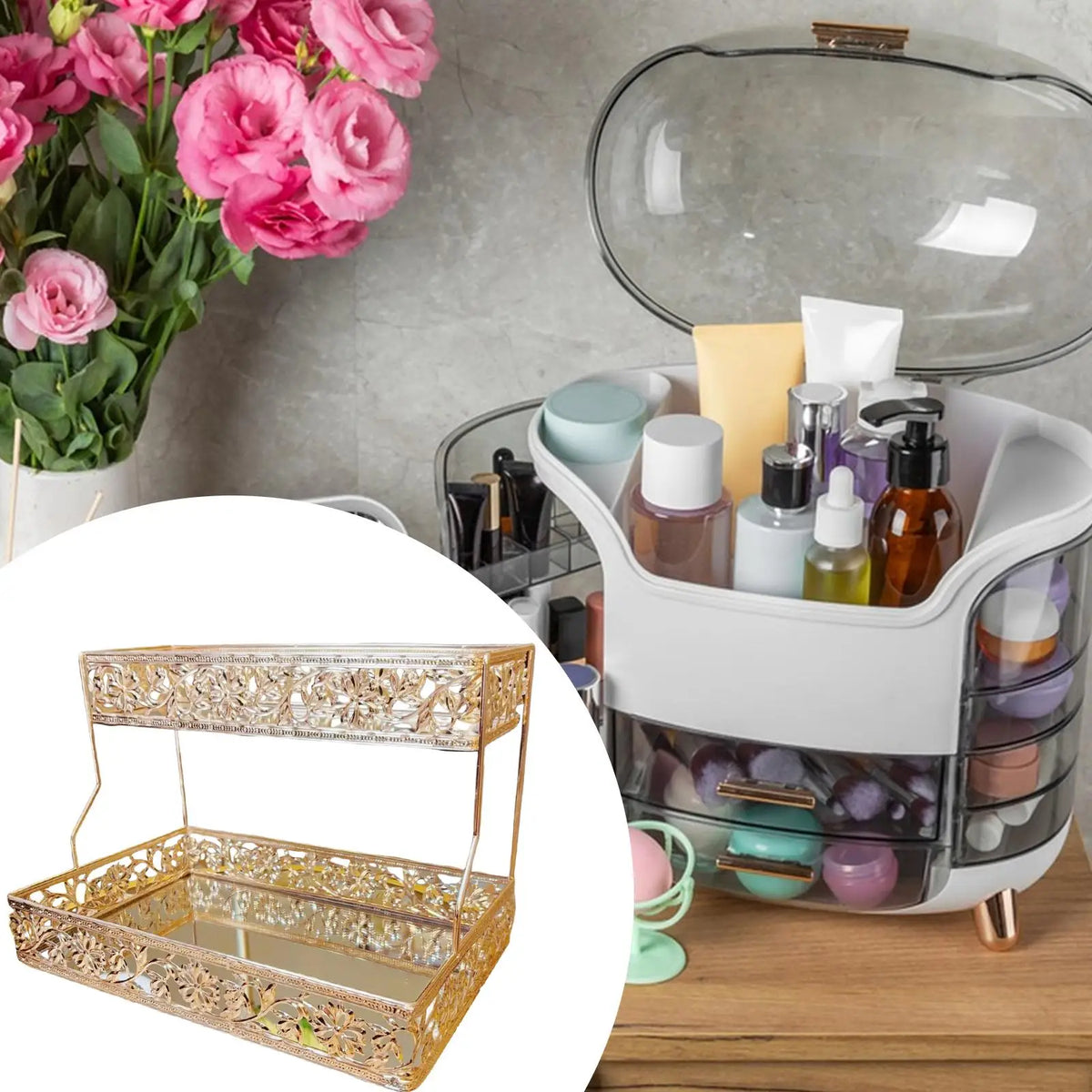 Skincare Organizer Tray Metal Counter Makeup Storage Two Layer Vanity Rack for Bathroom Bedroom Use Quake