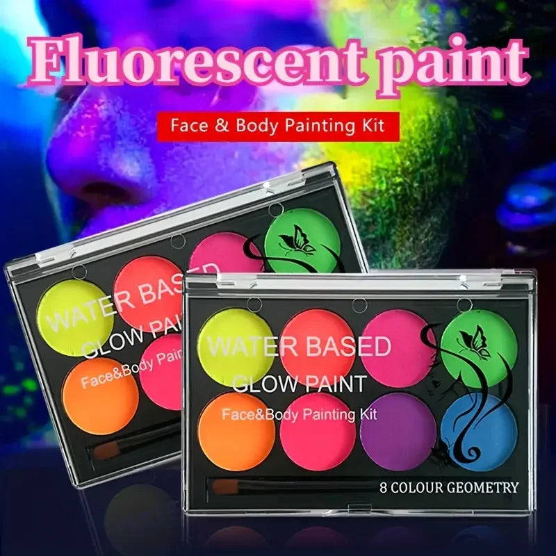 8 Color Water Face Paint Kit Fluorescent Neon Body Paint Glow Dark Fast Dry Body Skin Cosplay Makeup With Stencil And Brush Quake