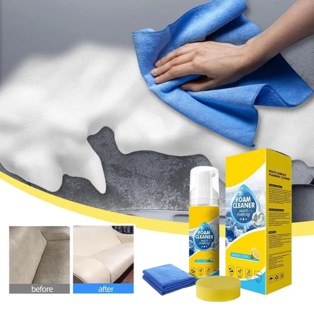 Multipurpose Car Interior Foam Cleaner for Leather Seats Fabric Roof White Shoes Neutral Stain Remover with Sponge Cloth Quake