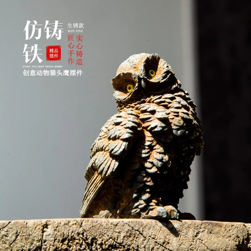 Imitation Cast Iron Rust Style Owl Living Room Desktop Mini Home Decoration Study Room Ornament Purely Handmade Tea Pet Quake
