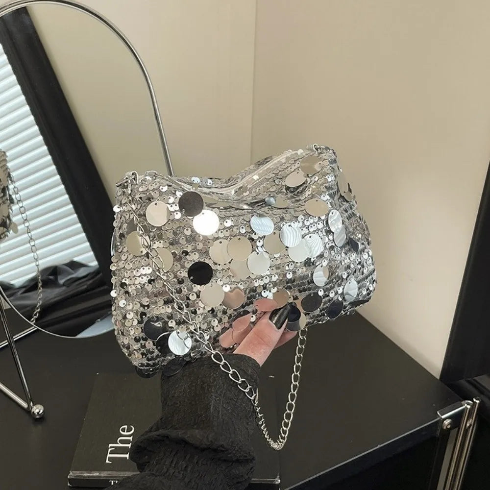 Casual Sequin Shoulder Bag Lightweight Large Capacity Chain Crossbody Bag Solid Color Female Handbag For Evening Party Quake