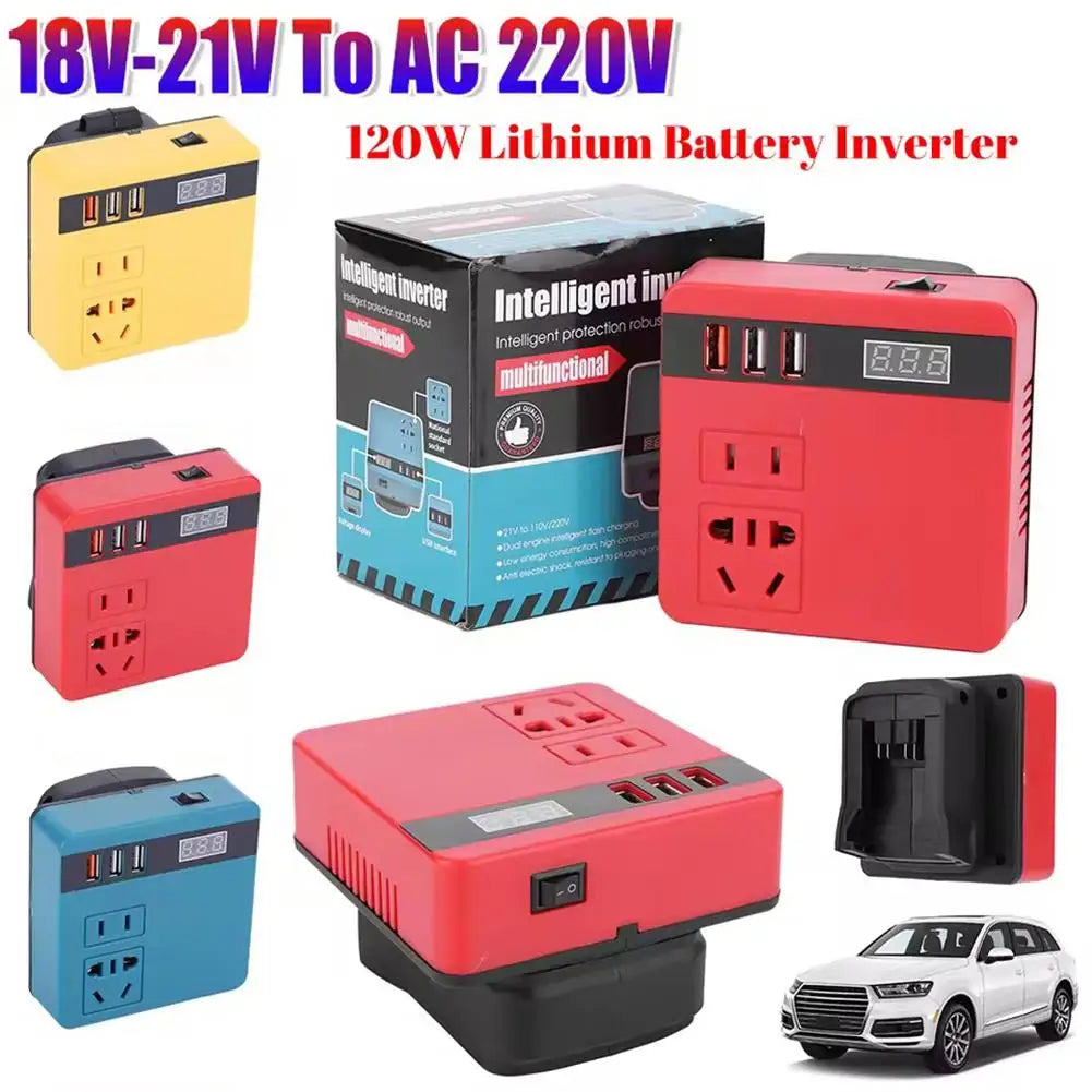 300W Power Inverter DC 18V-21V To AC 220V Lithium Battery Inverter with Dual USB,1 QC 3.0 for DeWalt / Makita / Milwaukee Quake