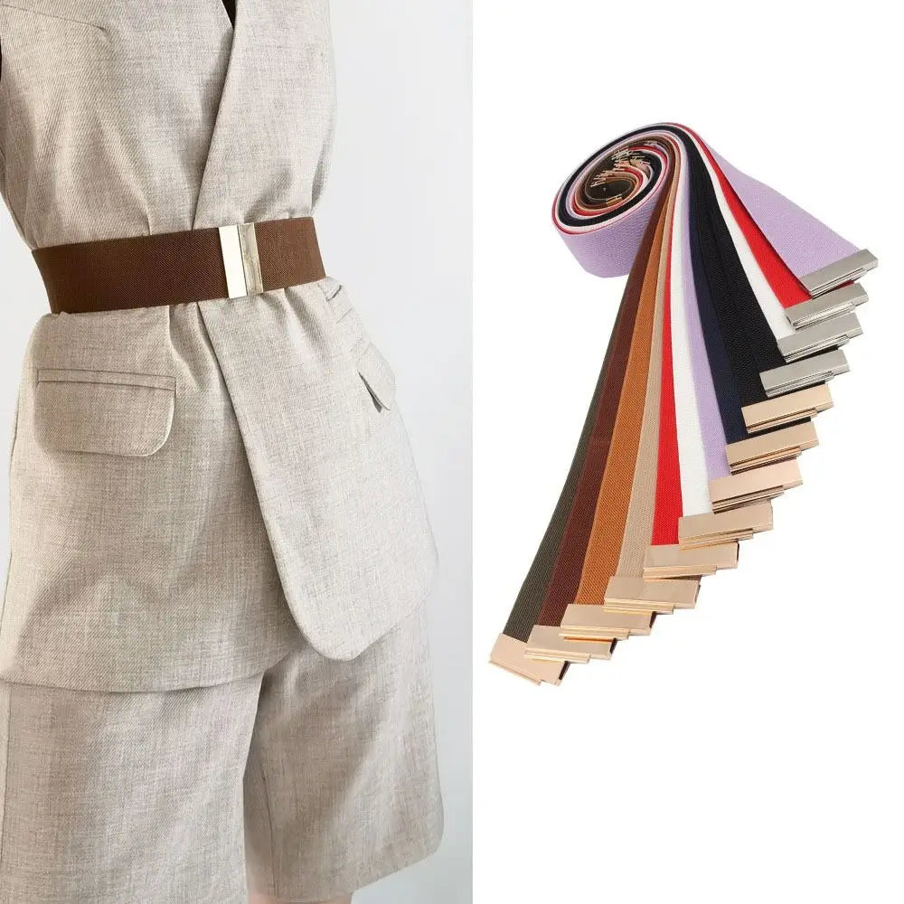 New Wide Elastic Belt Solid Color Metal Buckle Stretch Cinch Waistband Waistband Corset Belt Down Coat Quake