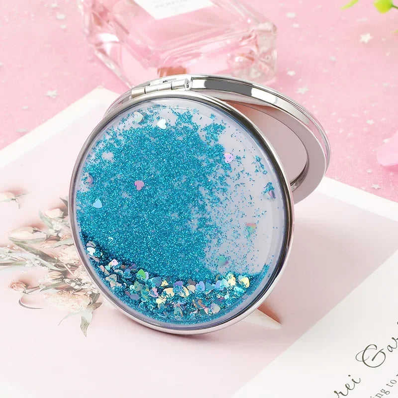 Portable Double-Sided Folding Makeup Mirror Women Gifts with Flowing Sparkling Sand Mini Cosmetic Mirror Compact Pocket Mirrors Quake round blue