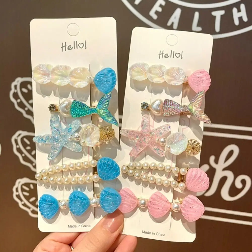 5pcs New Ocean Series Shell Starfish Hair Clips Pink Pearl Mermaid Hairpins Purple Princess Headdress Hair Accessories Quake