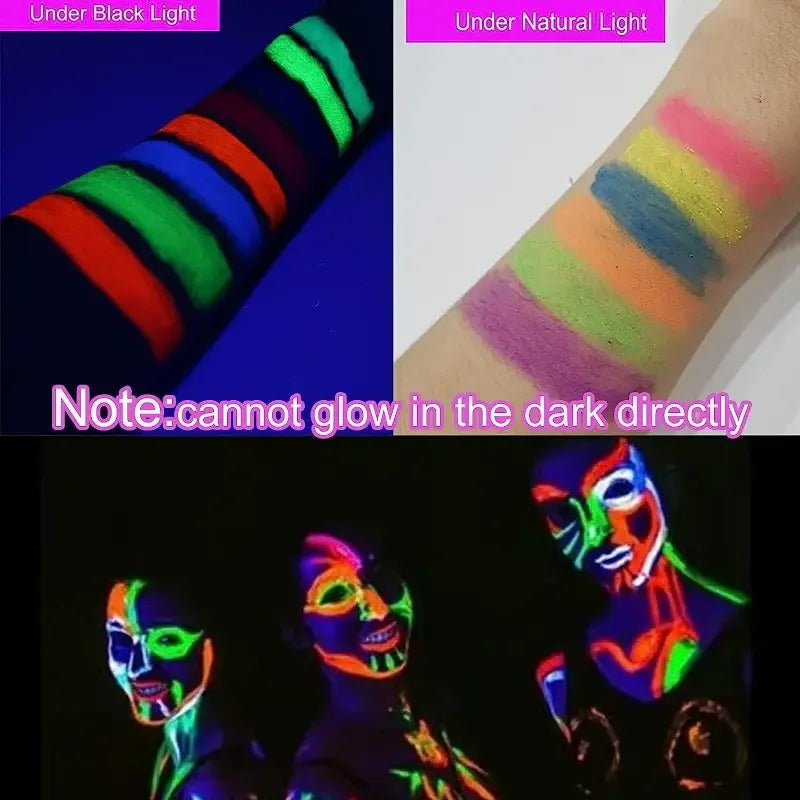 6Pcs UV Neon Face Painting Kit,Glow in the Dark Under UV Lights,Black Light Glow Makeup Kit,Washable Water Soluble Face Painting Quake