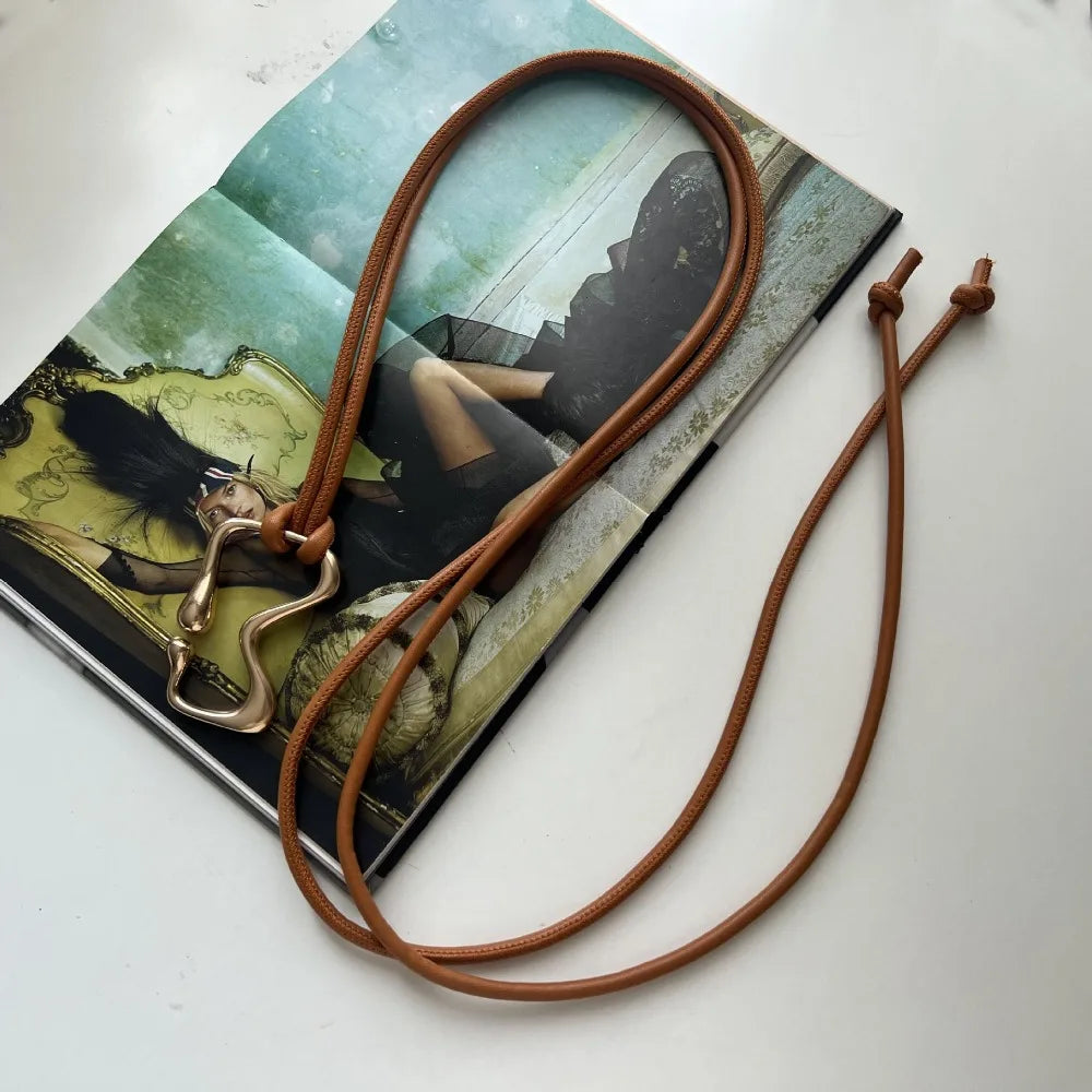 Fashion PU Leather Women Thin Belt Rope Knotted Golden Buckle String Waist Belt Long Dress Coat Waistband Ladies Black Straps Quake