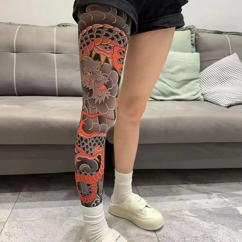 Full Leg Fake Tattoo Socks Printed Tights Cycling Fishing Elastic Socks Sun-proof Cool Personalized Driving Sexy Stockings Quake One Size 1