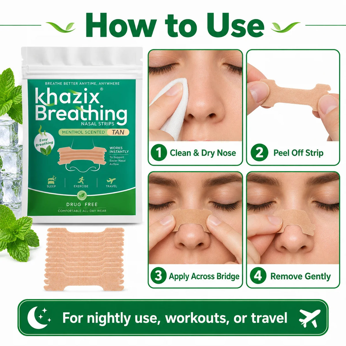 30PCS Menthol Nasal Strips for Easier Breathing, Comfortable Nose Strips for Sleep Exercise Travel Daily Use Quake