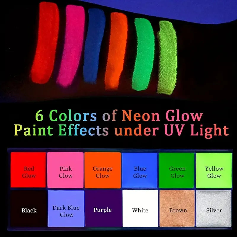 12 Colors UV luminated Face Body Paint Makeup Palette Waterproof Face Body Painting Kit Halloween Costume Role Play Body Makeup Quake