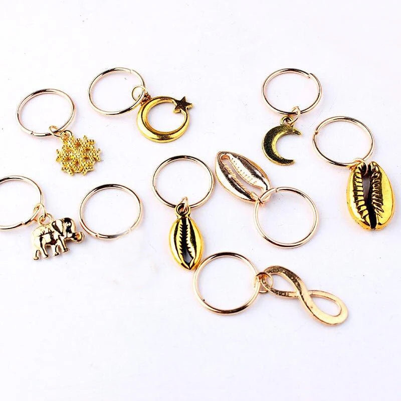 5 Pcs/set Hair Braid Dreadlocks Bead Gold Silver Shell Stars Moon Hair Rings African Braids Metal Pendant Decorative Accessories Quake