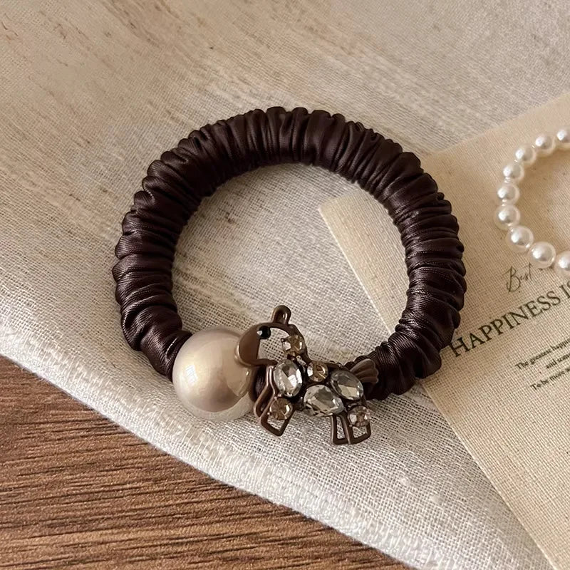 Rhinestone Pearl Horse Hair Ties for Women Elegant Elastic Rubber Bands Sweet Cute Animal Decoration Hair Accessories for Daily Quake dark coffee
