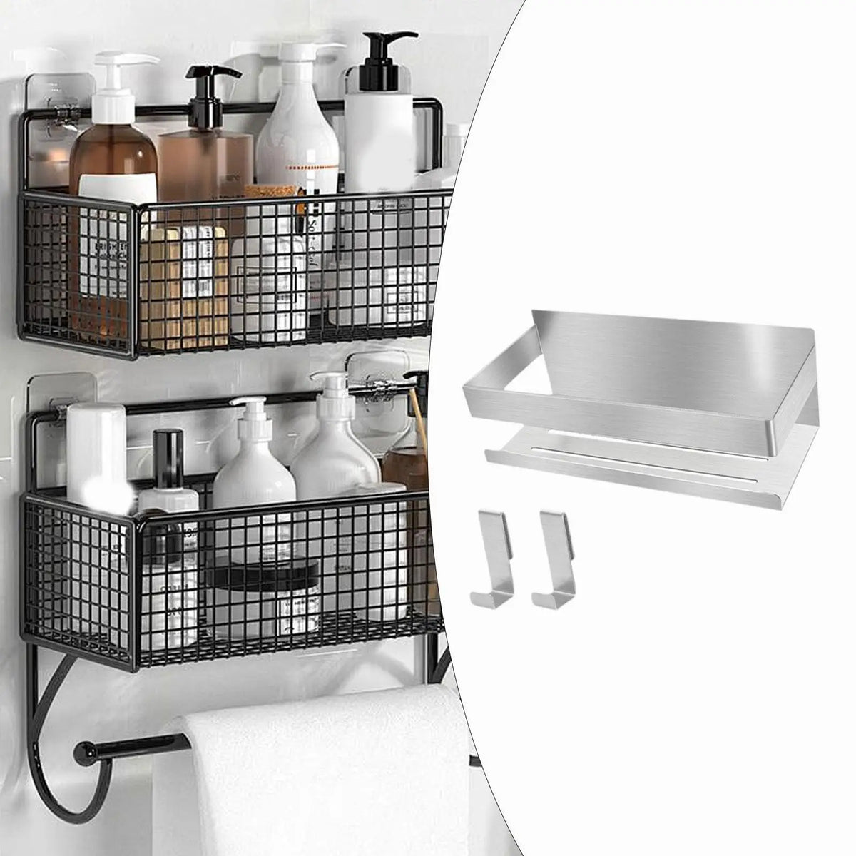 Bathroom Storage Rack with 2 Hooks Smooth Punch Free Rustproof Space Saving Multipurpose for Lavatory Bathroom Hotel Home Use Quake