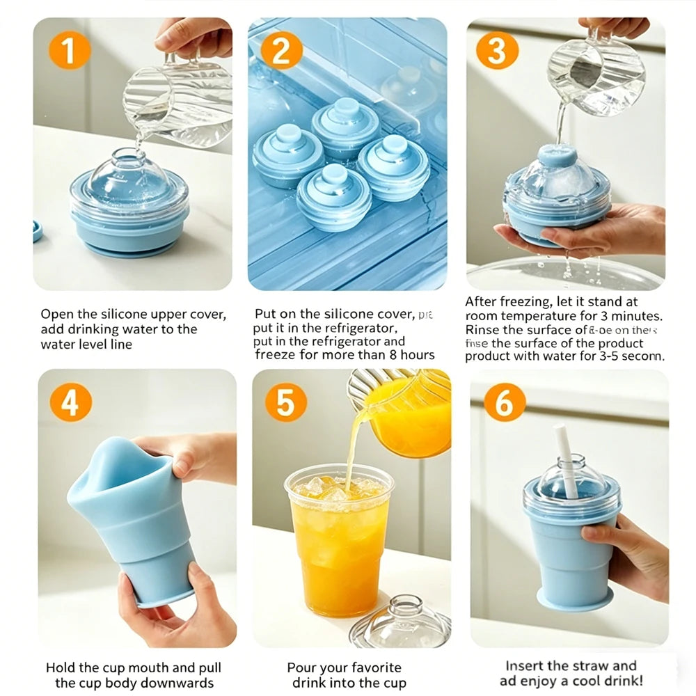 2 in 1 Ice Mold and Water Bottle Food-Grade Silicone Foldable Ice Ball Cup BPA-Free Portable Travel Tumbler for Outdoor Camping Quake