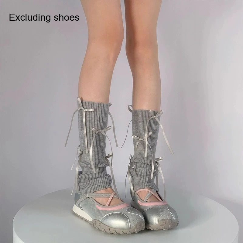 A Pair of Ballet Style Sweet Lolita Socks with Knitted Bow and Mid Leg Socks Paired with Lolita Clothing Quake B one size fits all