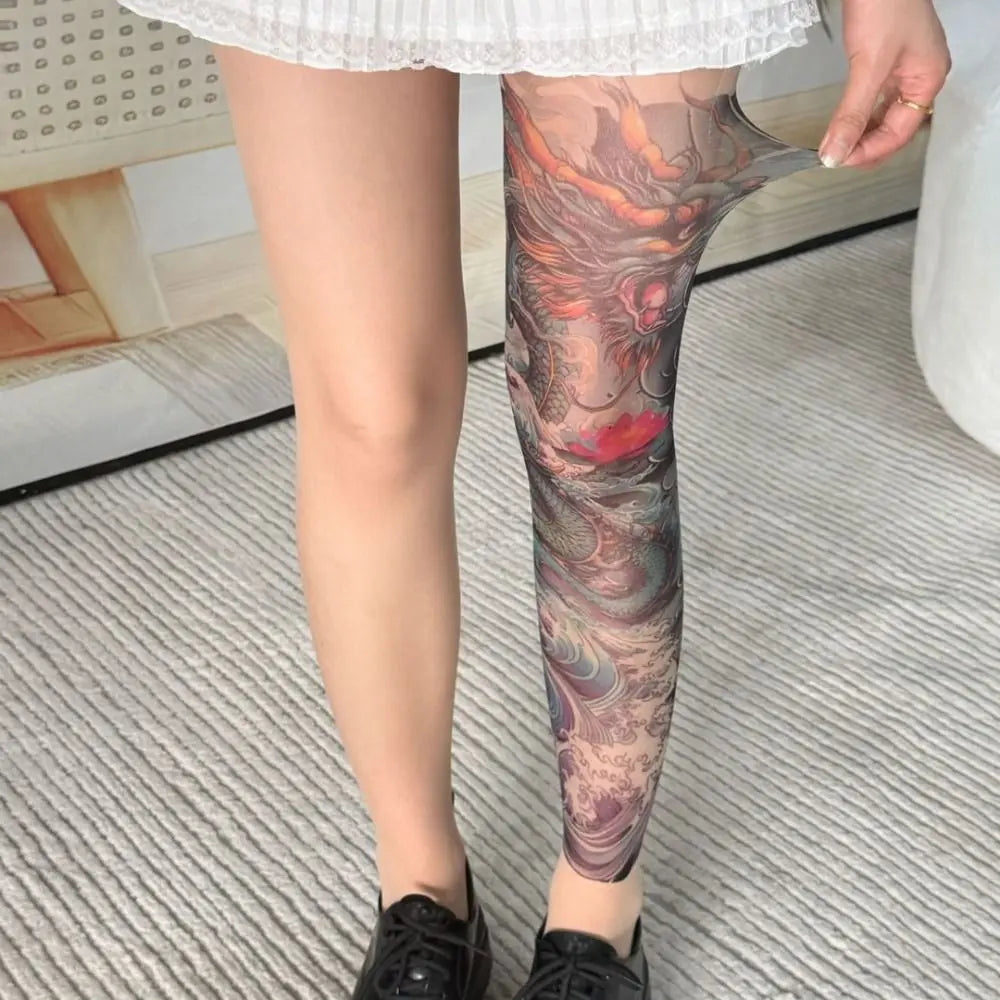 New Fake Tattoo Women's Sexy Printed Tights Mesh Leggings High Pantyhose Perspective Peony Pantyhose Summer Quake