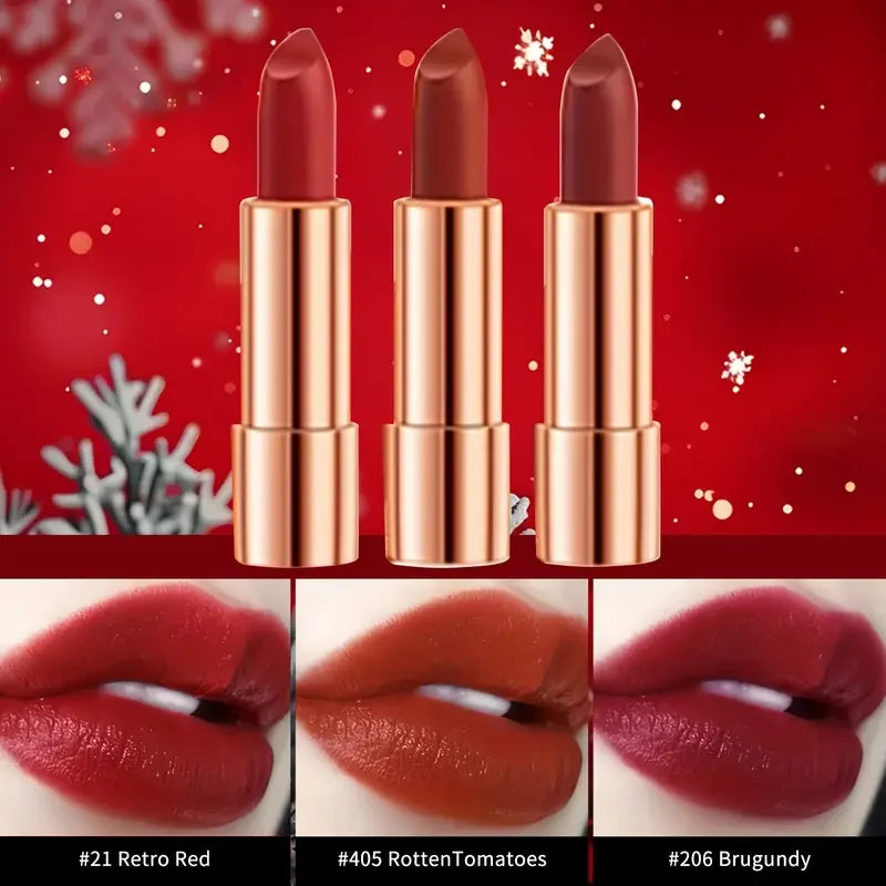 3pcs Velvet Lipstick with Chain Bag Gift Waterproof Non-Stick Long-Lasting Rotating Lipstick Makeup Set for Valentine's Day Gift Quake