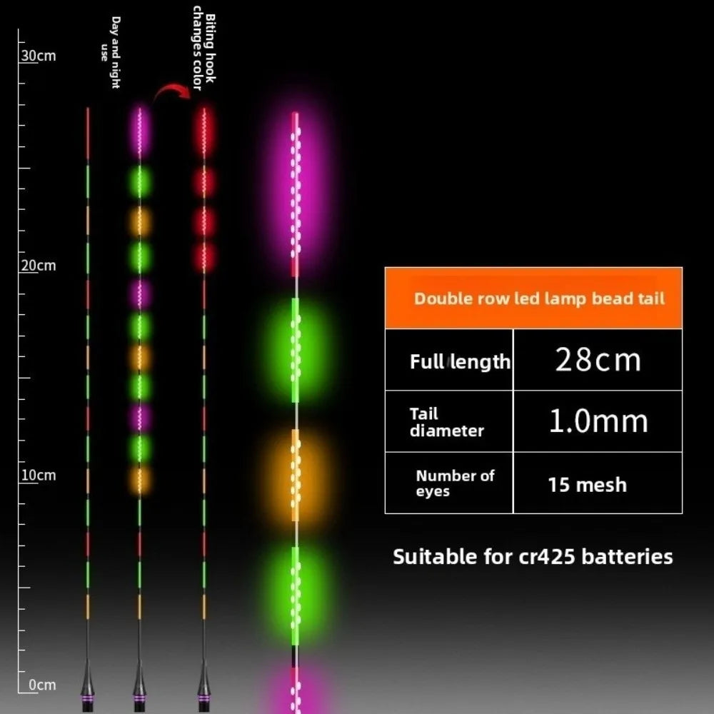 Super Bright LED Smart Float Top Luminous Ultra Sensitive Electronic Floats Smart Technology Electronic Design Fishing Buoy Quake Biting hook discolor 425 Double row-28cm