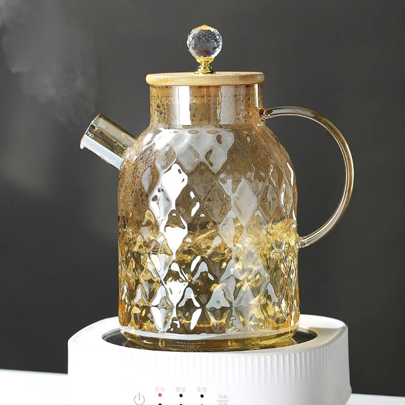 Glass Tea Kettle With Bamboo Lid And Removable Filter Spout Champagne Teapot For Loose Leaf Blooming Tea And Fruit Tea 1/15/1.8L Quake