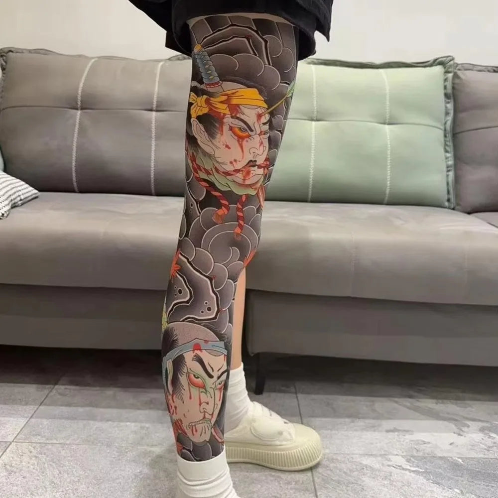 Full Leg Fake Tattoo Socks Printed Tights Cycling Fishing Elastic Socks Sun-proof Cool Personalized Driving Sexy Stockings Quake One Size 3