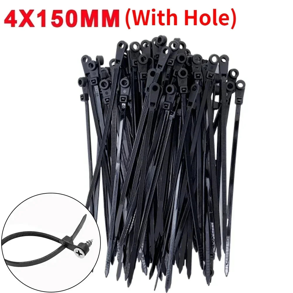 500/100PCS Nylon Cable Ties with Screw Mounting Hole Self Locking Loop Wraps Bundle Fixed Cables Zip Tie Wire Fastening Straps Quake Black (With Hole) 200Pcs