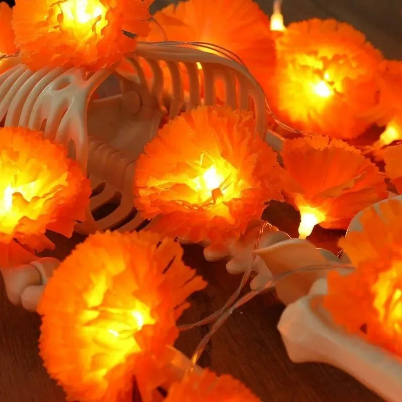 Halloween Marigold Flowers Light String Artificial Marigold Garland Battery Powered LED Lamp Halloween Outdoor Party Decorations Quake