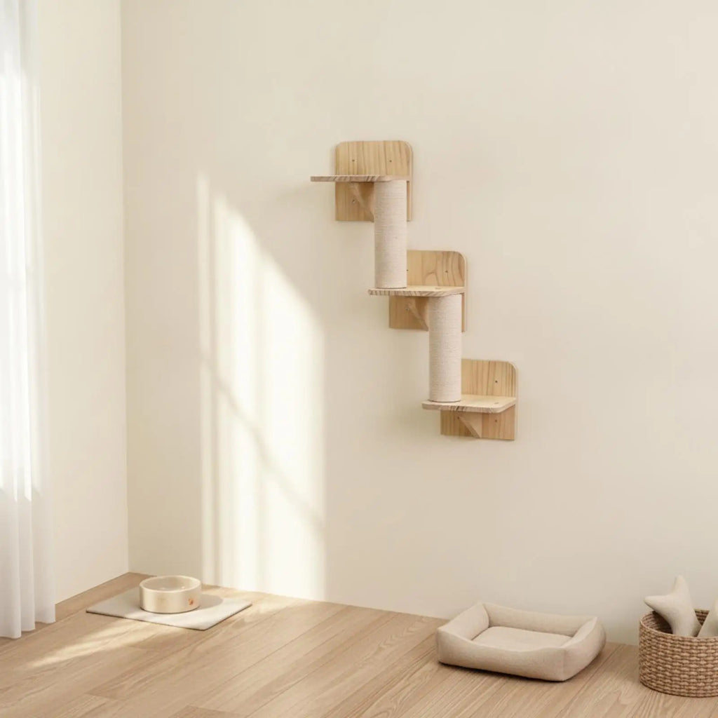 Cat Climbing Wall Set with Pine Wood Panels and Sisal Posts for Large Cats Exercise Playground and Relaxation Quake