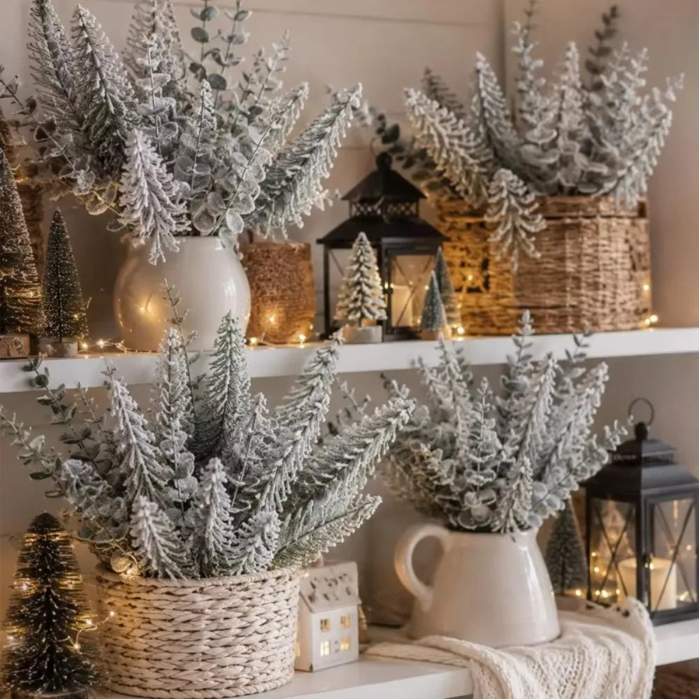 20/1PCS Christmas Artificial Flocked Snow Pine Branches Fake Eucalyptus Leaves DIY Xmas Tree Branch Garland Decor Party Supplies Quake