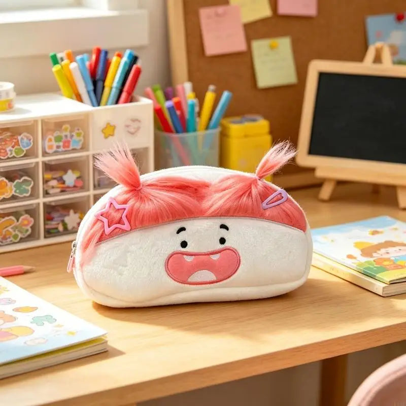 Plush Pencil Case with Soft Cotton Fabric and Playful Cartoon Face, Writing Tool Storage for Pencils, Erasers, Rulers and K1KF Quake