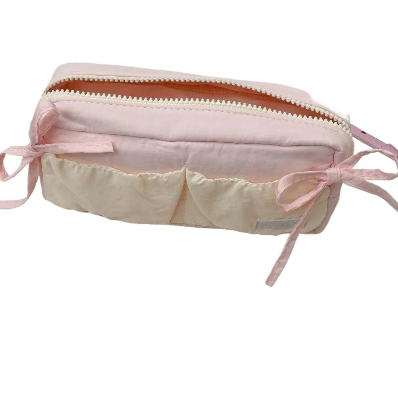 Small Fresh Cloud Toast Bow High Beauty Student Pen Case Multi Functional Large Capacity Storage Bag Quake Pink