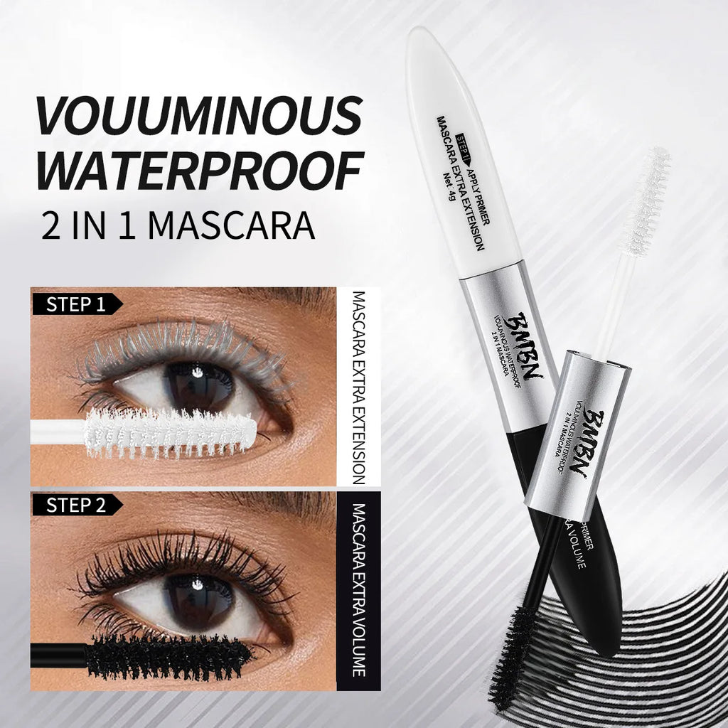 2 in 1 4D Silk Fiber Lash Mascara Black Waterproof Volume Double Lengthening Curling Waterproof Mascara for Eyes Quake BLACK AND WHITE
