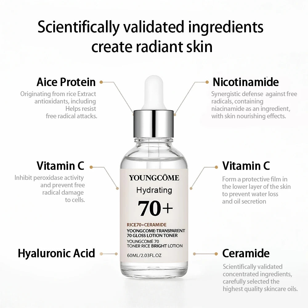 Transparent 70 Gloss Lotion Toner Face Serum Lifting Firm Fade Fine Lines Anti-aging Essence Whitening Brighten Nourish Skin Car Quake